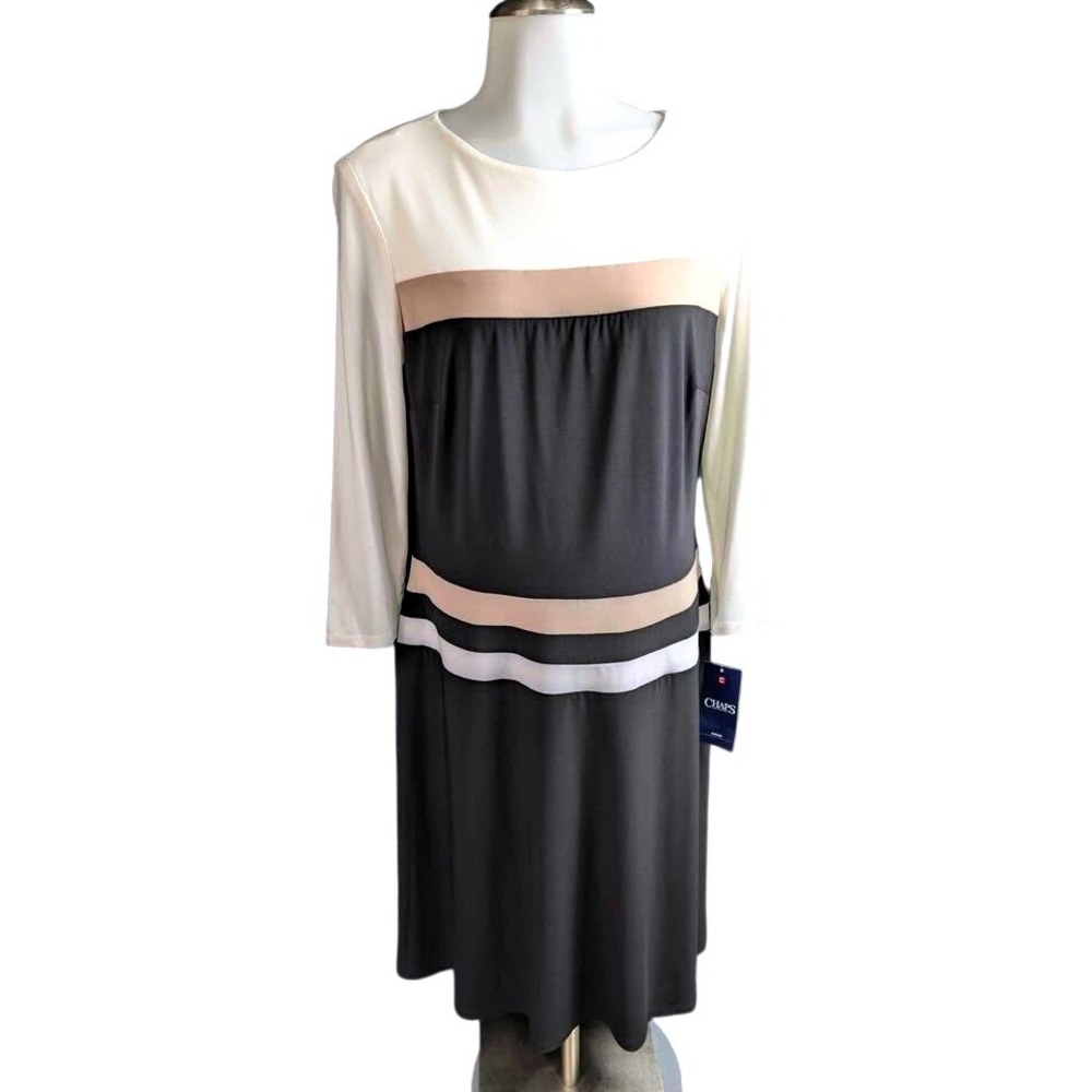 Chaps~Women Dress ~ Large ~ NWT Colorblock Black Latte Cream~¾ Sleeve~Workwear